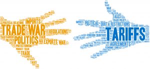 Tariffs word cloud on a white background.