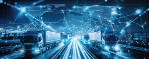 Truck and cargo ship double exposure with world map, Futuristic global logistics network concept