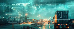 Truck and cargo ship double exposure with world map, Futuristic global logistics network concept